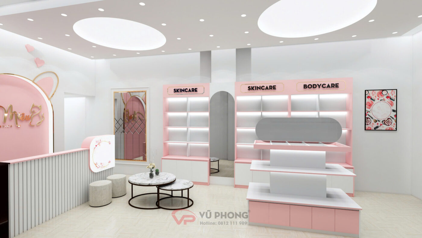 Không gian nội thất shop mỹ phẩm Miêu Miêu được bố trí khoa học với hệ thống kệ trưng bày hiện đại và ánh sáng LED nổi bật sản phẩm.