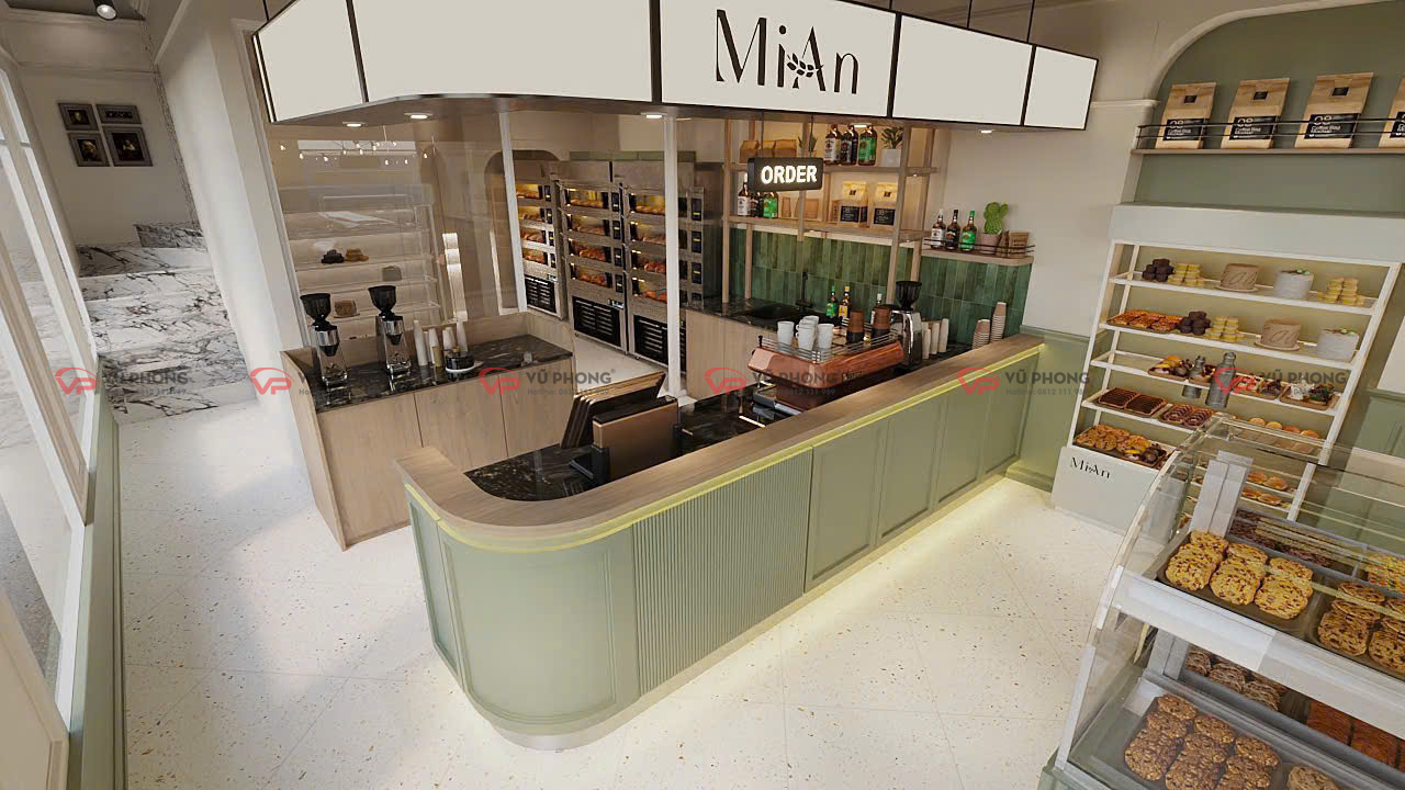 Quầy trưng bày bánh kính trong suốt tại tiệm bánh MIAN Hải Dương giúp khách hàng dễ dàng lựa chọn sản phẩm.