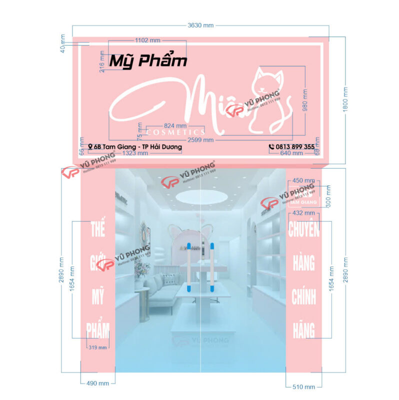 Hình ảnh quá trình thi công nội thất shop mỹ phẩm Miêu Miêu Hải Dương do Quảng Cáo Vũ Phong thực hiện trọn gói.