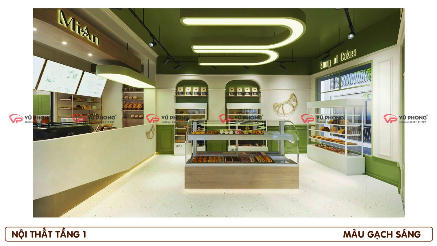 Tổng thể nội thất tiệm bánh MIAN sau khi hoàn thiện thi công với không gian sáng và đẹp.