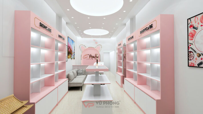 Công trình thiết kế shop mỹ phẩm Miêu Miêu tại 6B Tam Giang TP Hải Dương với phong cách hiện đại, không gian trưng bày sản phẩm đẹp và chuyên nghiệp.