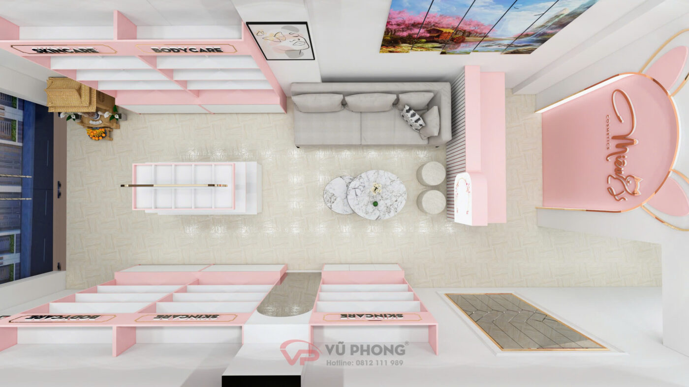 Góc nhìn tổng thể không gian cửa hàng mỹ phẩm Miêu Miêu sau khi hoàn thiện thi công nội thất tại TP Hải Dương.