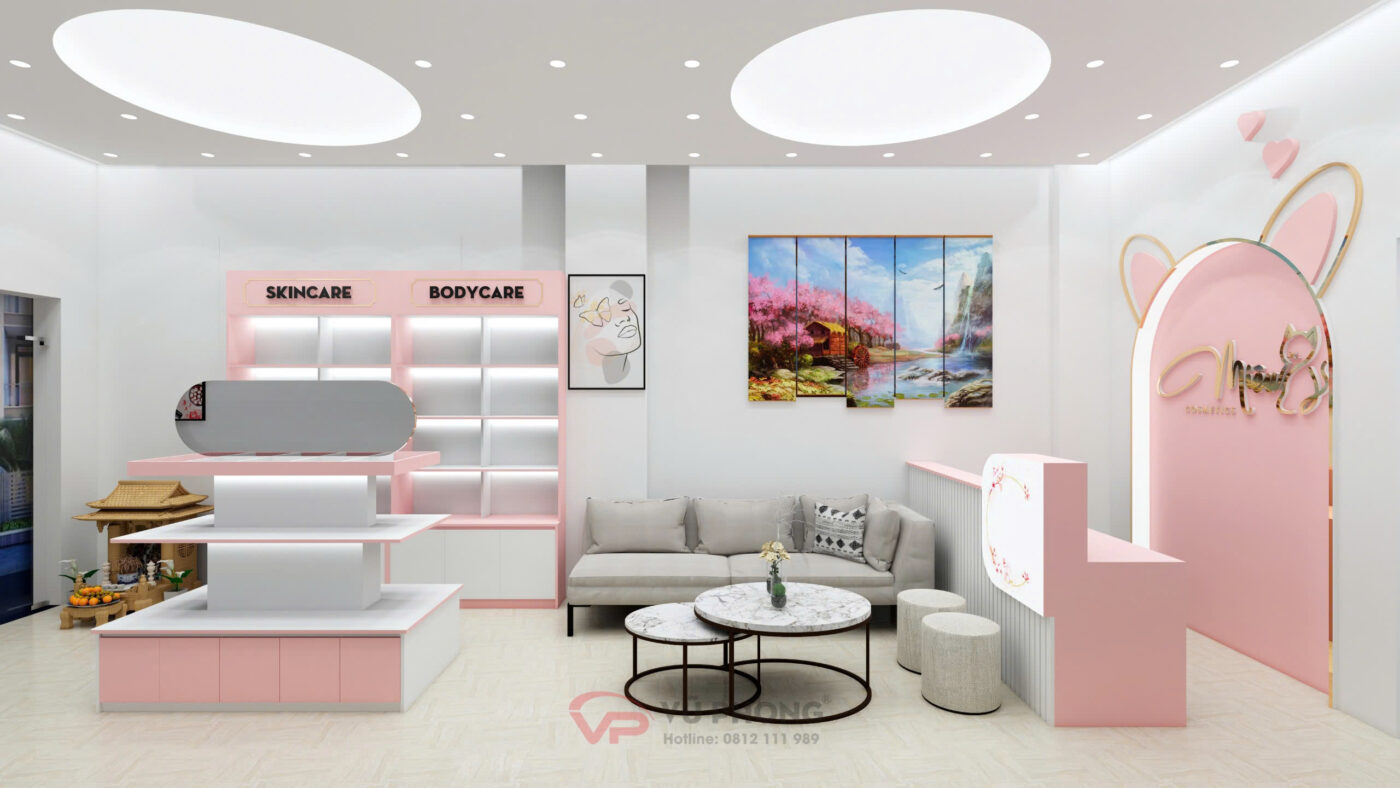 Hệ thống kệ trưng bày mỹ phẩm trong shop Miêu Miêu Hải Dương được thiết kế gọn gàng, giúp khách hàng dễ dàng lựa chọn sản phẩm.
