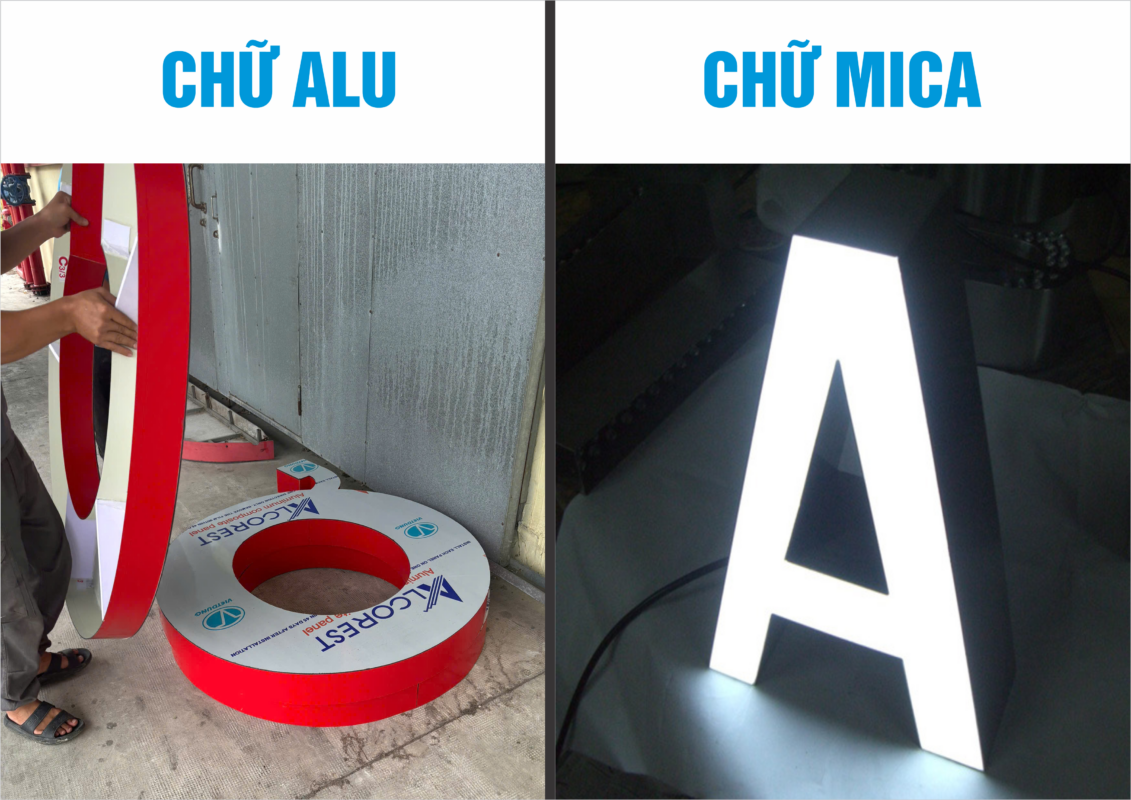 So sánh sự khác biệt giữa biển chữ nổi Alu và chữ nổi Mica