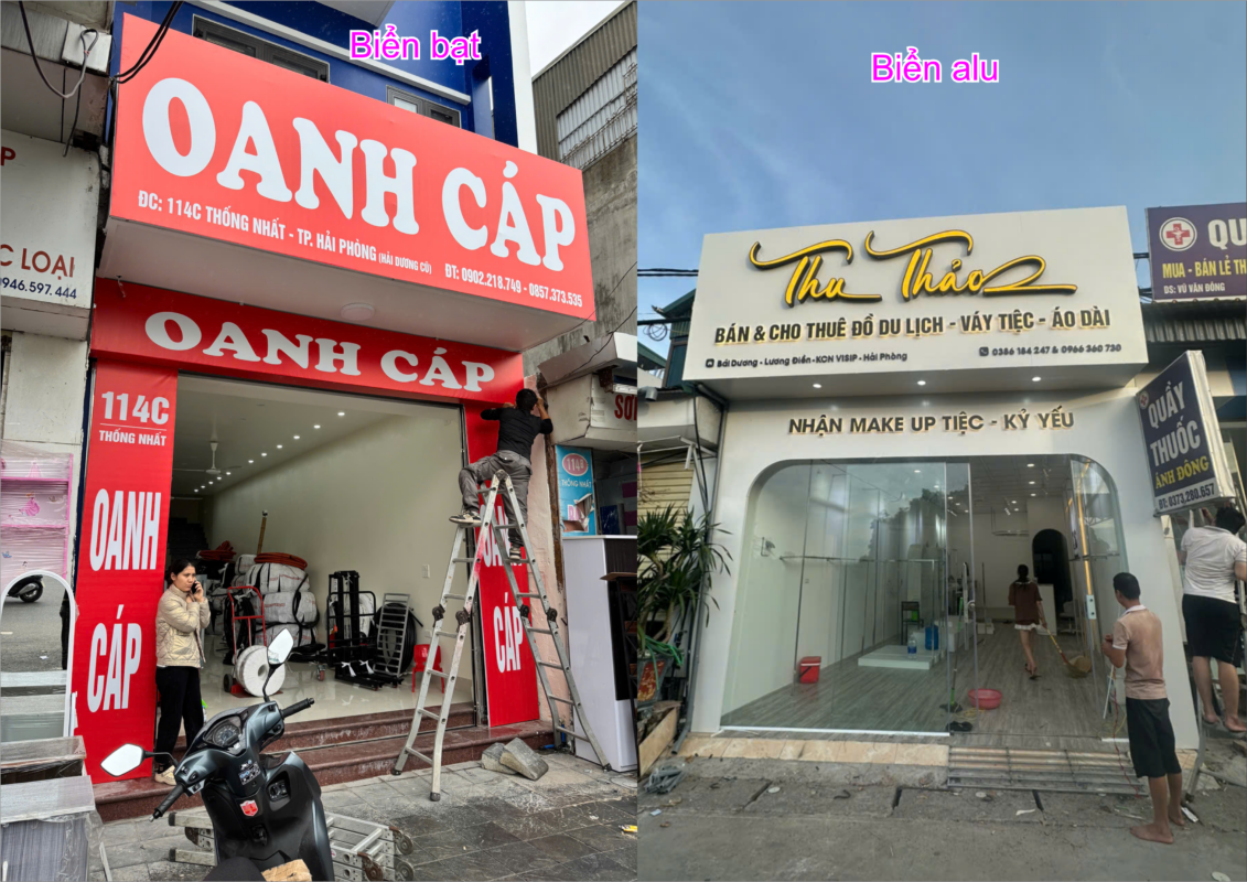 So sánh biển quảng cáo bạt Hiflex và biển ốp Alu chữ nổi ngoài trời về độ bền và thẩm mỹ.