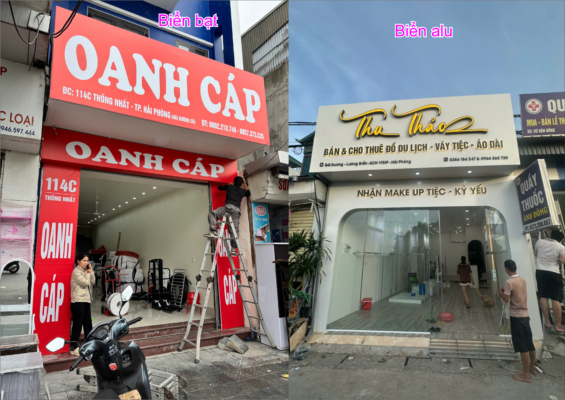 So sánh biển quảng cáo bạt Hiflex và biển ốp Alu chữ nổi ngoài trời về độ bền và thẩm mỹ.